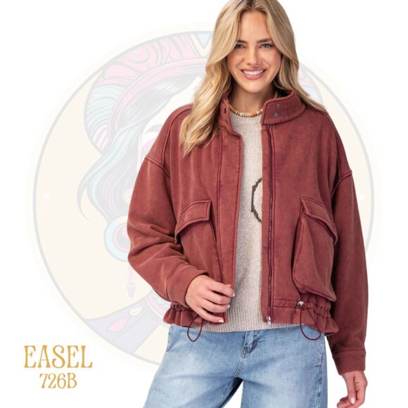 EASEL 726B Washed Zip Up Bomber Jacket Rust Burgundy - Picture 1 of 2